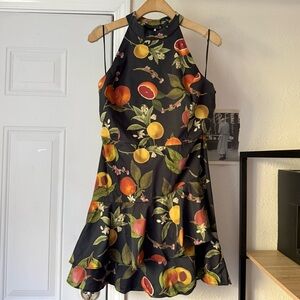 NWOT FOREST LILY black citrus fruit lemon print high neck ruffle mini dress